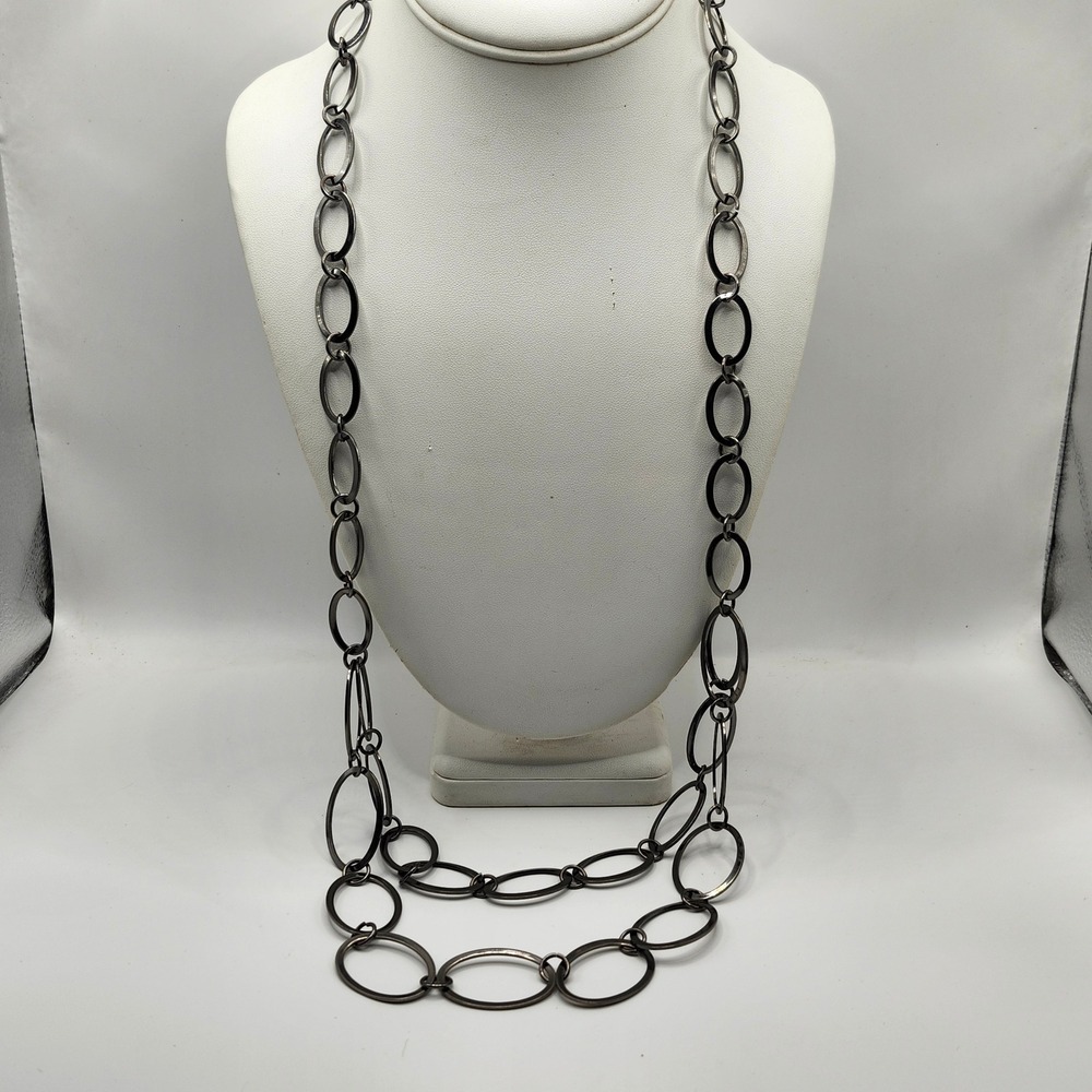 NY‎ New York & Co Gunmetal Oval Link Long Layering Chain Statement Necklace